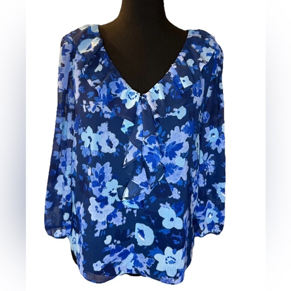 J. Crew Tops - J.CREW Women's Blue Floral V-Neck Blouse, Long Sleeve, Ruffled, Lined, XS